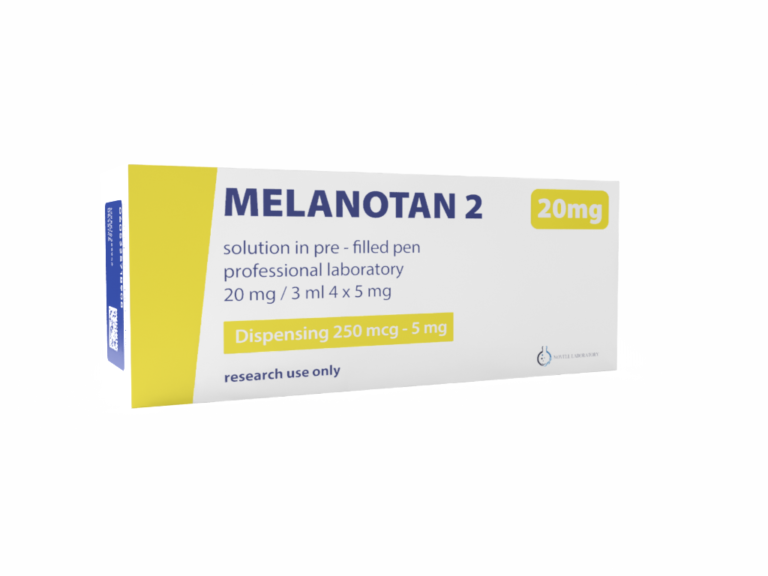 Pudełko Melanotan 2 PEN z żółtymi akcentami, oznaczeniem 20 mg oraz tekstem dispensing 250 mcg–5 mg, przeznaczone wyłącznie do użytku badawczego.