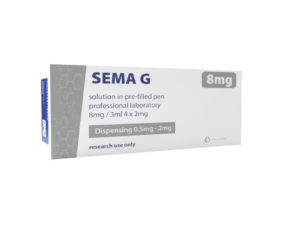 Pudełko peptydu przeznaczonego do analiz laboratoryjnych SEMA G 8mg pen (Semaglutyd 8mg pen) w forimie aplikatora ułatwiającego odmierzanie substacji w procedurach laboratoryjnych.