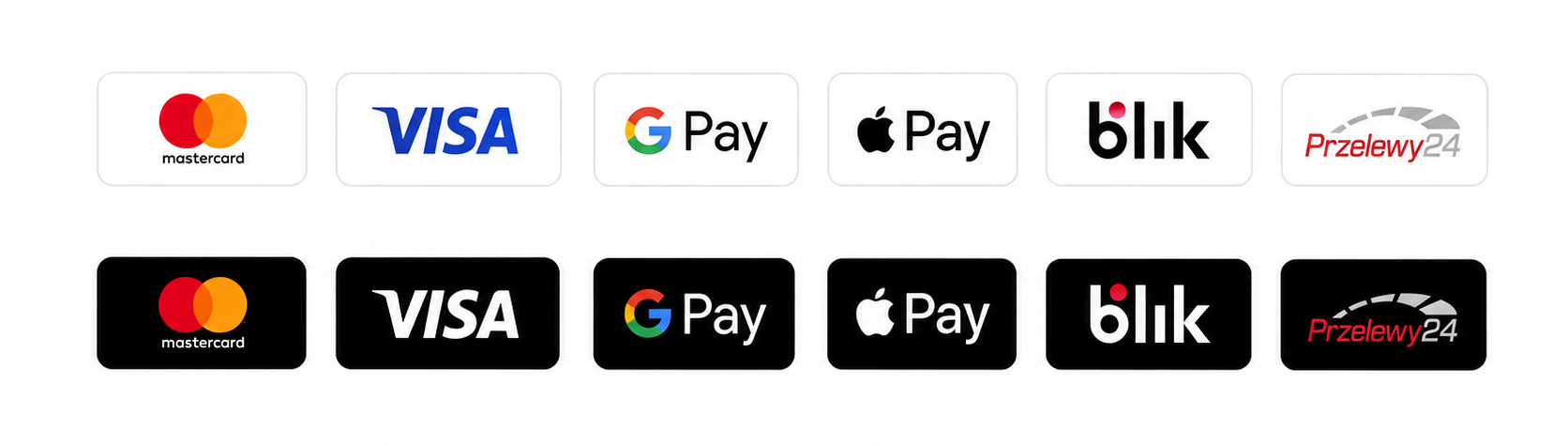 Row of white rounded cards showing payment logos: Mastercard, VISA, Google Pay, Apple Pay, Blik, Przelewy24.